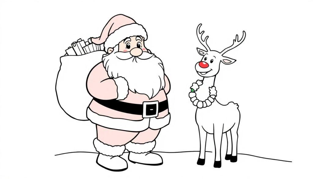 Eine Schwarz-Weiß-Farbtafel von Weihnachtsmann und einem Rentier mit Geschenken.