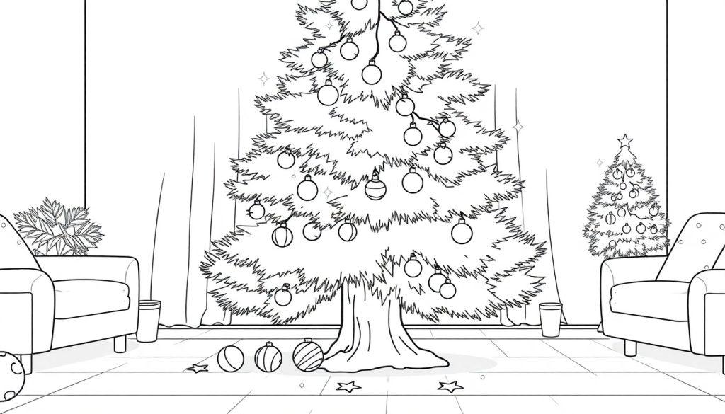 Schwarz-weiße Farbtafel: Ein gemütliches Wohnzimmer mit einem großen Weihnachtsbaum, verziert mit Kugeln und Sternen, sowie zwei Sesseln und einer Topfpflanze.