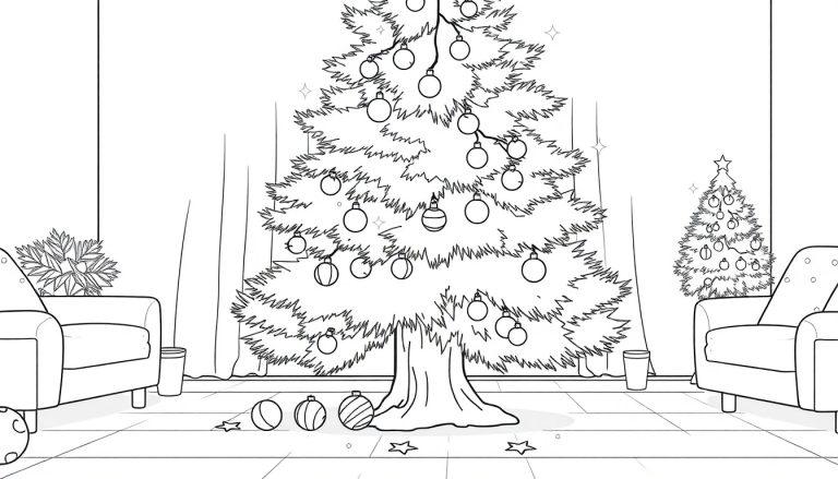 Schwarz-weiße Farbtafel: Ein gemütliches Wohnzimmer mit einem großen Weihnachtsbaum, verziert mit Kugeln und Sternen, sowie zwei Sesseln und einer Topfpflanze.