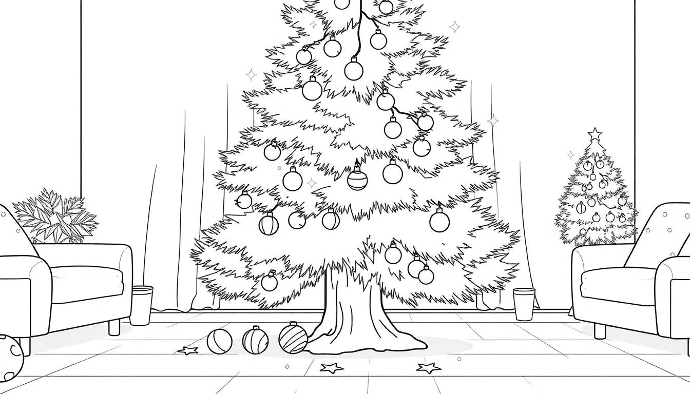 Schwarz-weiße Farbtafel: Ein gemütliches Wohnzimmer mit einem großen Weihnachtsbaum, verziert mit Kugeln und Sternen, sowie zwei Sesseln und einer Topfpflanze.