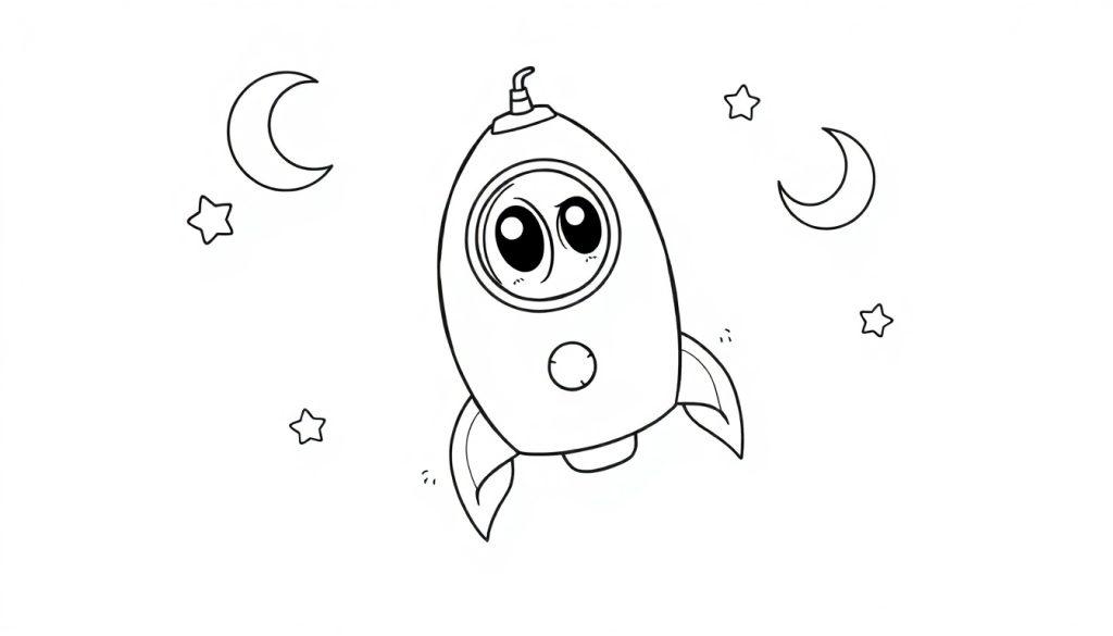 Eine niedliche, schwarz-weiße Cartoon-Rakete mit großen Augen und einem Lächeln, umgeben von Sternen und Halbmonden, bereit zum Ausmalen als Farbtafel.