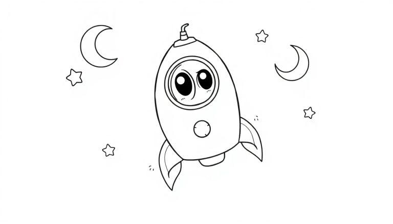 Eine niedliche, schwarz-weiße Cartoon-Rakete mit großen Augen und einem Lächeln, umgeben von Sternen und Halbmonden, bereit zum Ausmalen als Farbtafel.