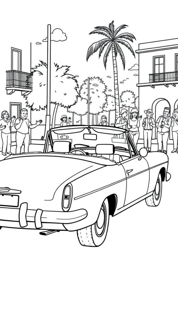 Eine Schwarz-Weiß-Zeichnung eines Oldtimer-Cabriolets wird von einer jubelnden Menge begrüßt, mit Gebäuden und Bäumen im Hintergrund.