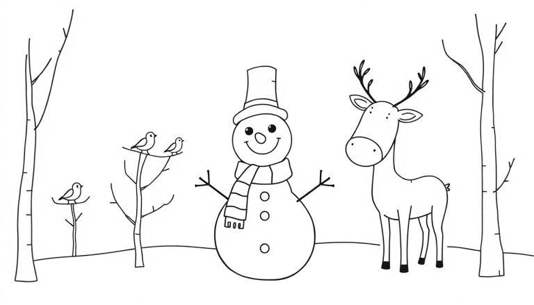 Winterlandschaft mit einem lächelnden Schneemann, einem Rentier und Bäumen, eine Farbtafel zum Ausmalen.