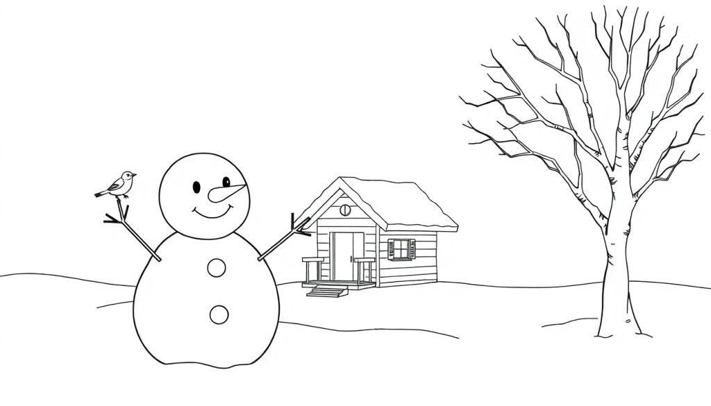 Schwarz-weiße Winterlandschaft mit einem freundlichen Schneemann, der einen Vogel auf seinem Arm hält, und einem kleinen Haus im Hintergrund, bereit zum Ausmalen als Farbtafel.