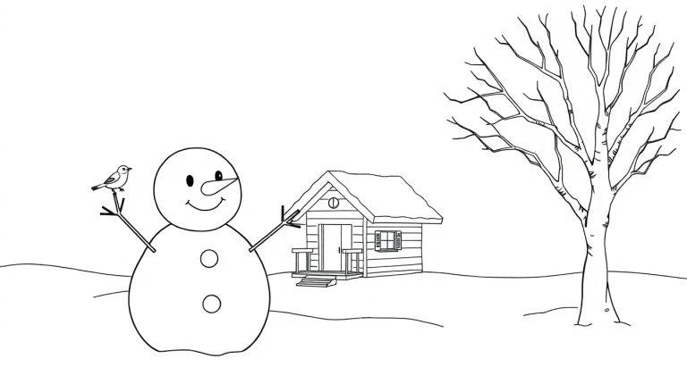 Schwarz-weiße Winterlandschaft mit einem freundlichen Schneemann, der einen Vogel auf seinem Arm hält, und einem kleinen Haus im Hintergrund, bereit zum Ausmalen als Farbtafel.