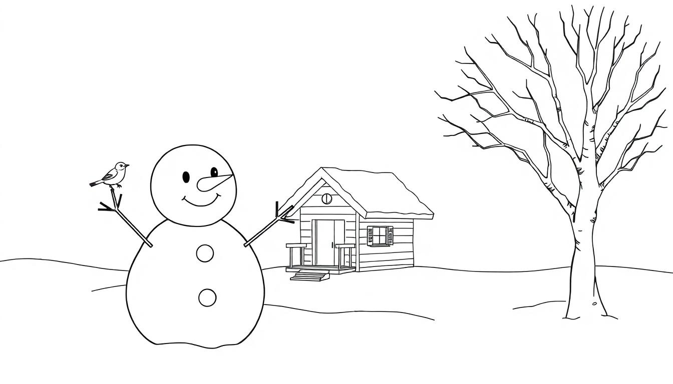 Schwarz-weiße Winterlandschaft mit einem freundlichen Schneemann, der einen Vogel auf seinem Arm hält, und einem kleinen Haus im Hintergrund, bereit zum Ausmalen als Farbtafel.