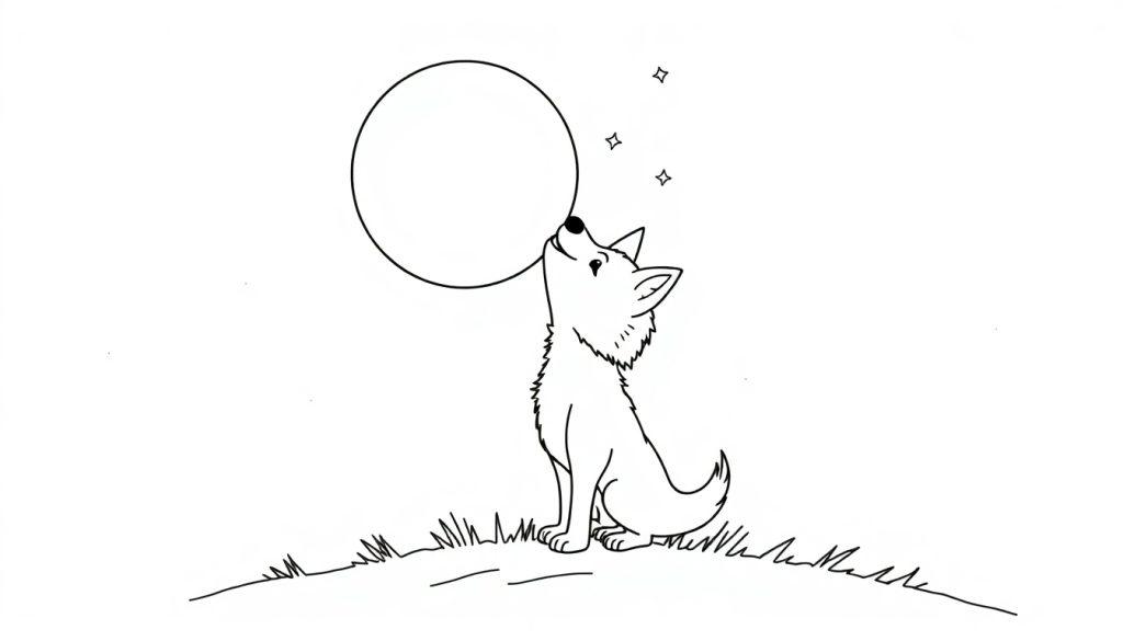 Ein süßer kleiner Wolf sitzt auf einem Hügel und blickt zu einem großen Kreis am Himmel auf, einer Schwarz-Weiß-Farbtafel für Kinder.
