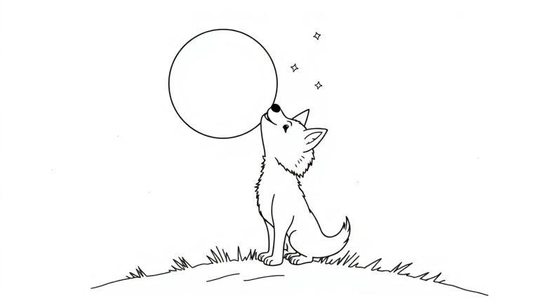 Ein süßer kleiner Wolf sitzt auf einem Hügel und blickt zu einem großen Kreis am Himmel auf, einer Schwarz-Weiß-Farbtafel für Kinder.