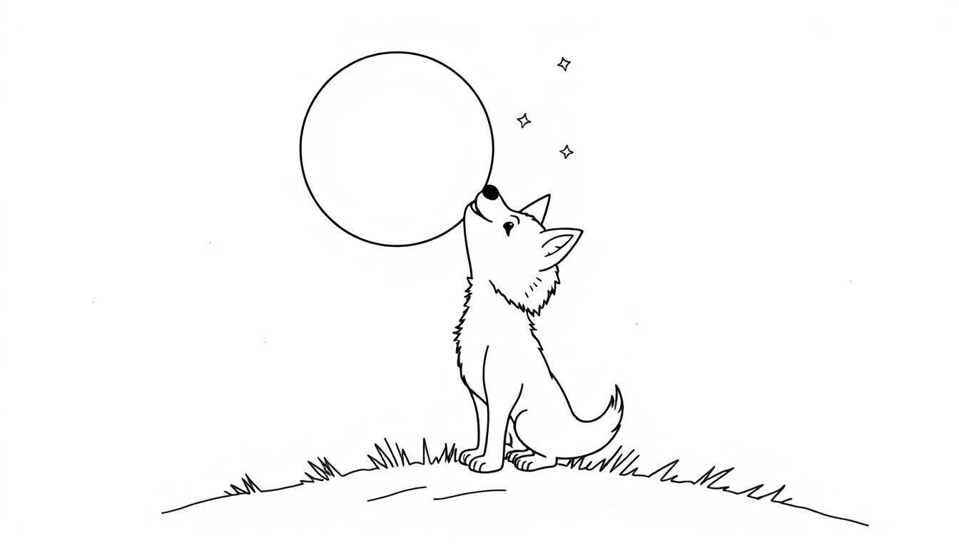 Ein süßer kleiner Wolf sitzt auf einem Hügel und blickt zu einem großen Kreis am Himmel auf, einer Schwarz-Weiß-Farbtafel für Kinder.