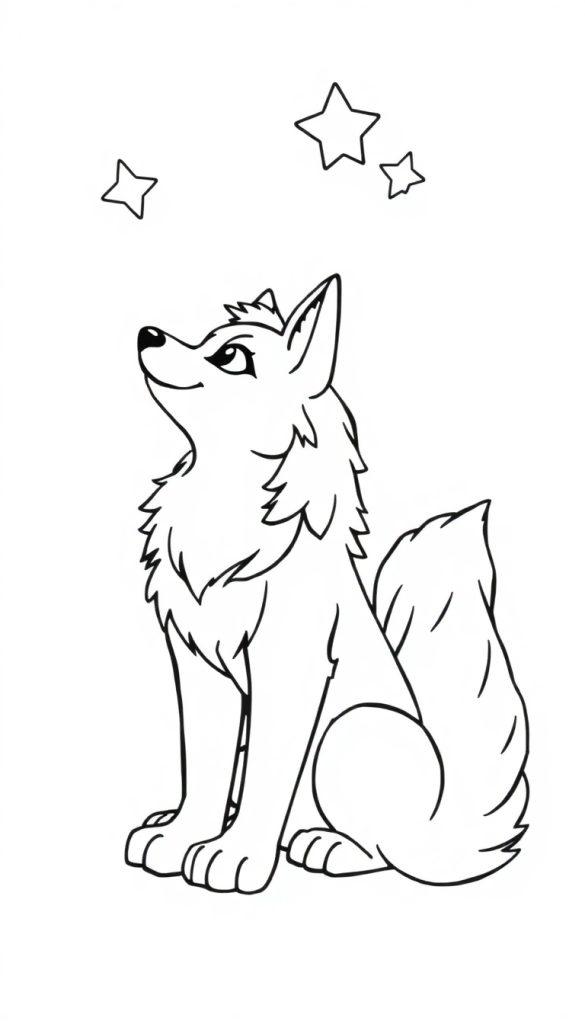 Ein stilisierter Wolf sitzt im Mondlicht und schaut zu den Sternen auf.