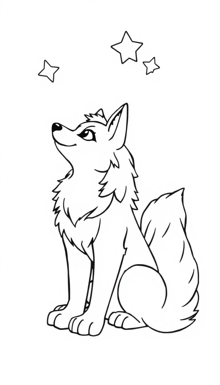Ein stilisierter Wolf sitzt im Mondlicht und schaut zu den Sternen auf.