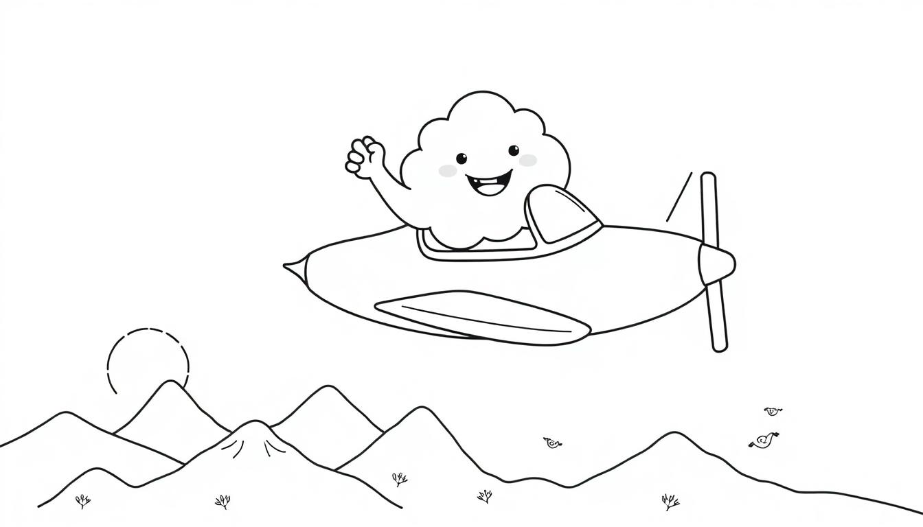 Eine lustige Cartoon-Wolke fliegt ein Flugzeug über Berge, eine Farbtafel.