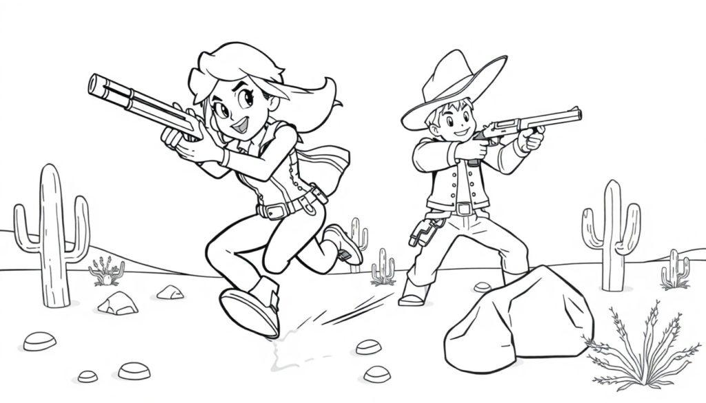 Schwarz-Weiß-Cartoon-Farbtafel einer Frau mit Waffe und eines Cowboys hinter einem Felsen in der Wüste.