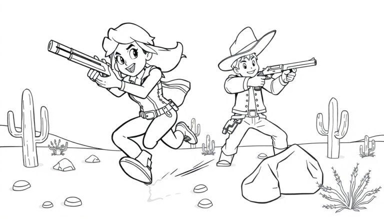 Schwarz-Weiß-Cartoon-Farbtafel einer Frau mit Waffe und eines Cowboys hinter einem Felsen in der Wüste.