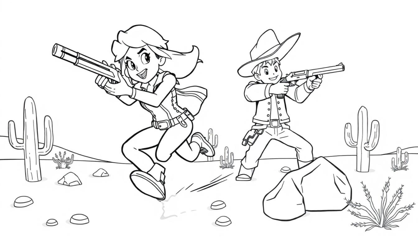 Schwarz-Weiß-Cartoon-Farbtafel einer Frau mit Waffe und eines Cowboys hinter einem Felsen in der Wüste.
