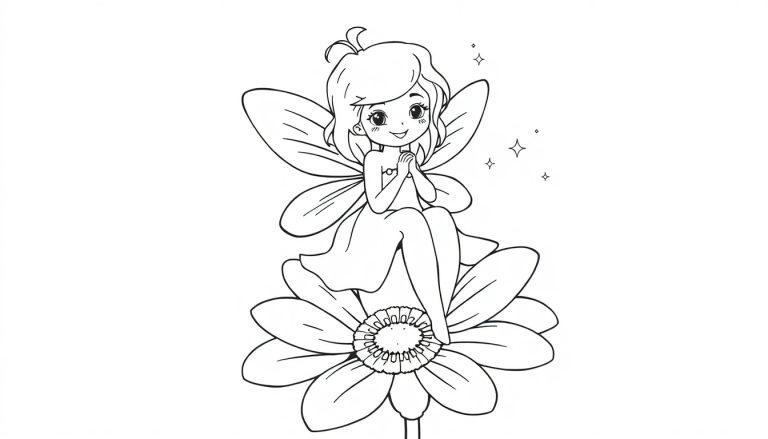 Eine schwarz-weiße Farbtafel-Zeichnung einer niedlichen Fee mit kurzen, lockigen Haaren und großen Augen, die auf einer großen Blume sitzt.