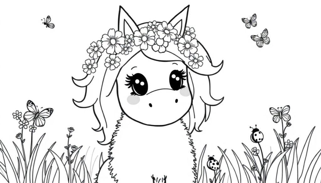 Ein niedliches Einhorn mit einem Blumenkranz, bereit zum Ausmalen als Farbtafel.