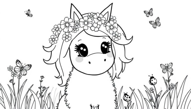 Ein niedliches Einhorn mit einem Blumenkranz, bereit zum Ausmalen als Farbtafel.