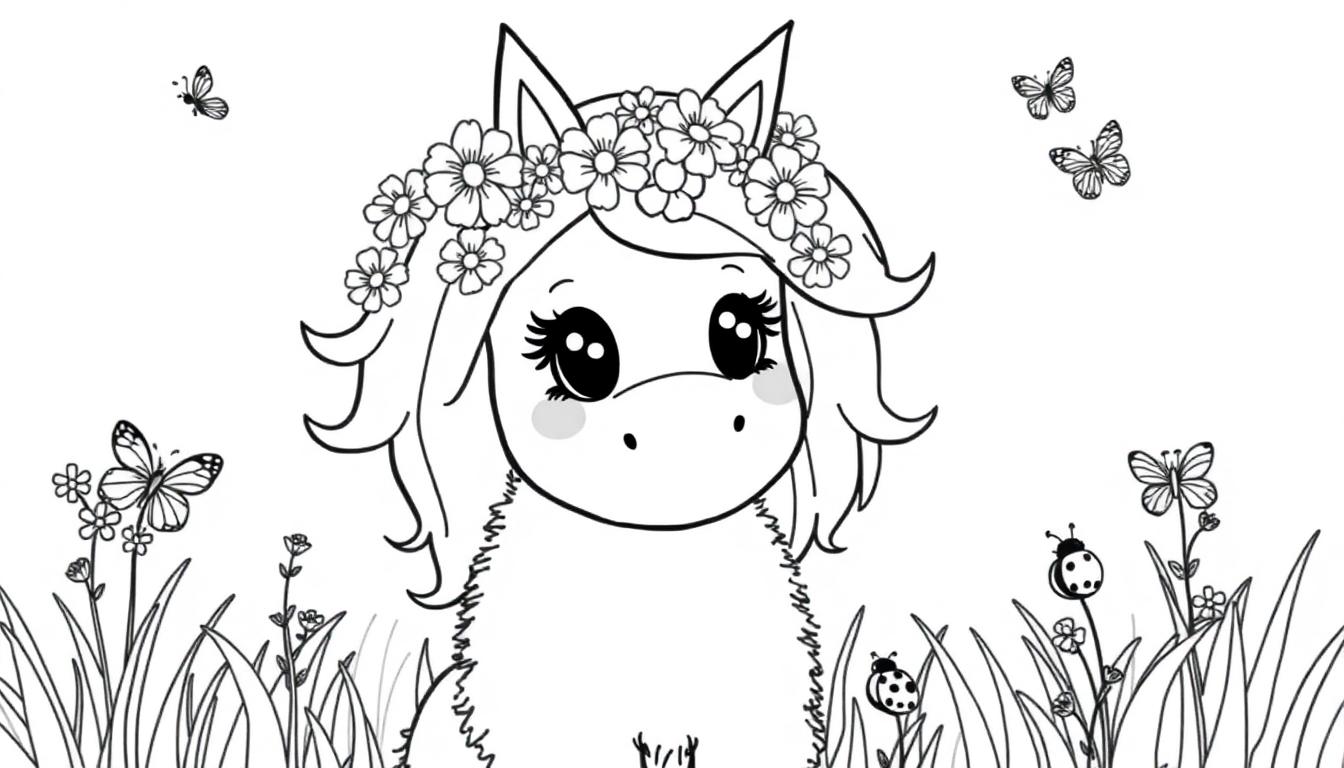 Ein niedliches Einhorn mit einem Blumenkranz, bereit zum Ausmalen als Farbtafel.