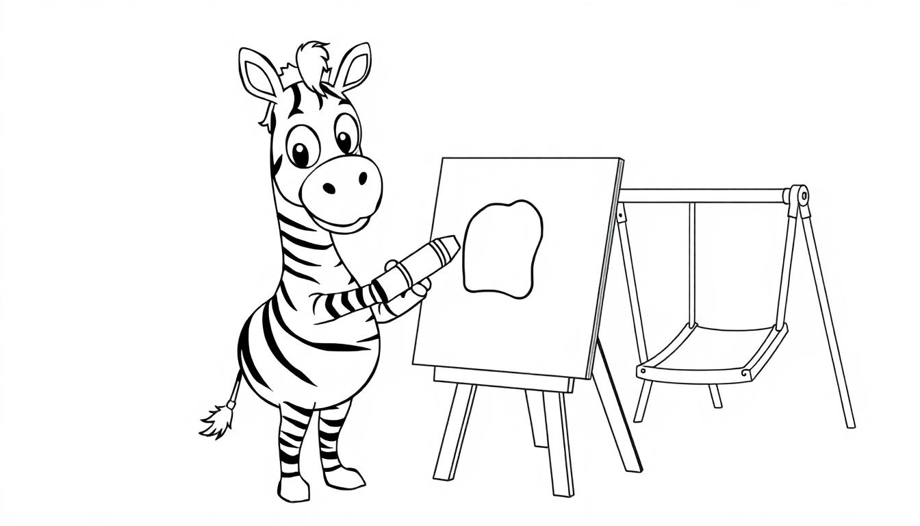 Ein Cartoon-Zebra malt mit einem Buntstift auf einer Staffelei, daneben eine Schaukel, eine Farbtafel.