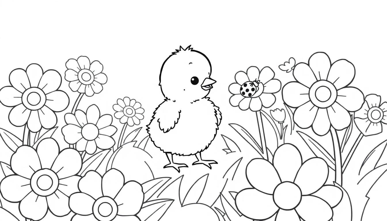 Eine schwarz-weiße Farbtafel-Illustration eines niedlichen Küken auf einer Blumenwiese mit Platz zum Ausmalen.