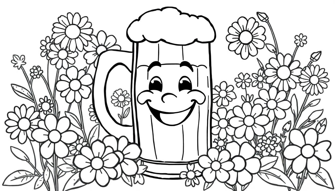 Eine skizzenhafte Schwarz-Weiß-Farbtafel eines fröhlichen Bierkrugs mit einem lächelnden Gesicht und vielen Blumen.