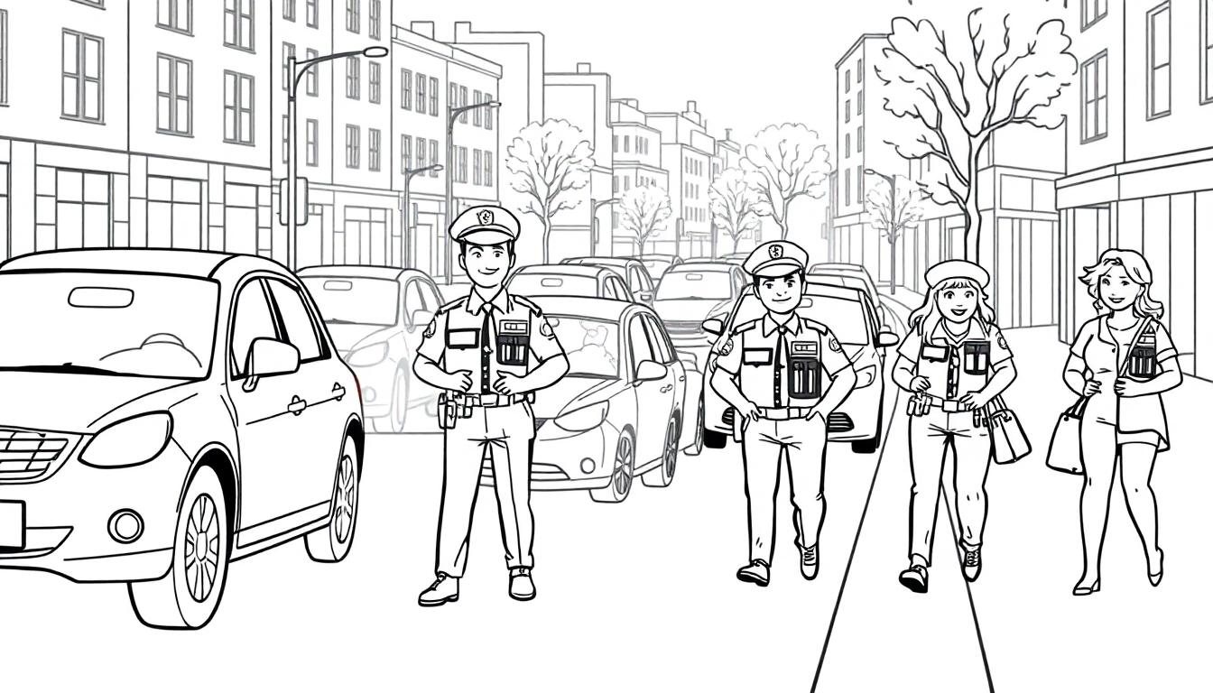 Schwarz-Weiß-Zeichnung einer belebten Stadtstraße mit zwei Polizisten im Vordergrund, einer Autoschlange im Stau und zwei Frauen, die auf dem Bürgersteig gehen. Hohe Gebäude mit vielen Fenstern und Bäume säumen die Straße.