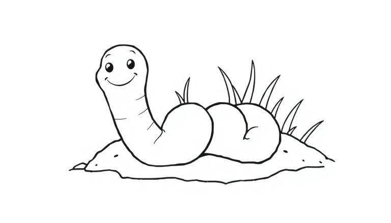 Ein freundlicher Cartoon-Wurm, der aus der Erde schaut, bereit für eine Farbtafel.