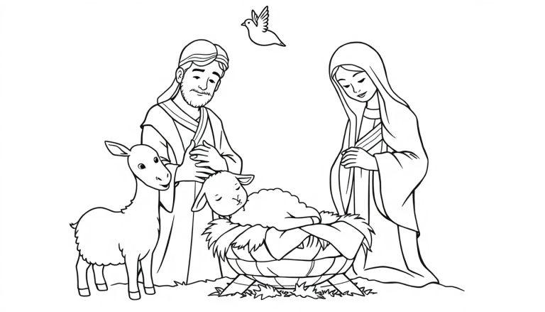 Schwarz-weiß Farbtafel-Ausmalbild der Geburt Jesu mit Maria, Josef, dem Jesuskind, einem Lamm und einer Taube, eine friedliche Szene.