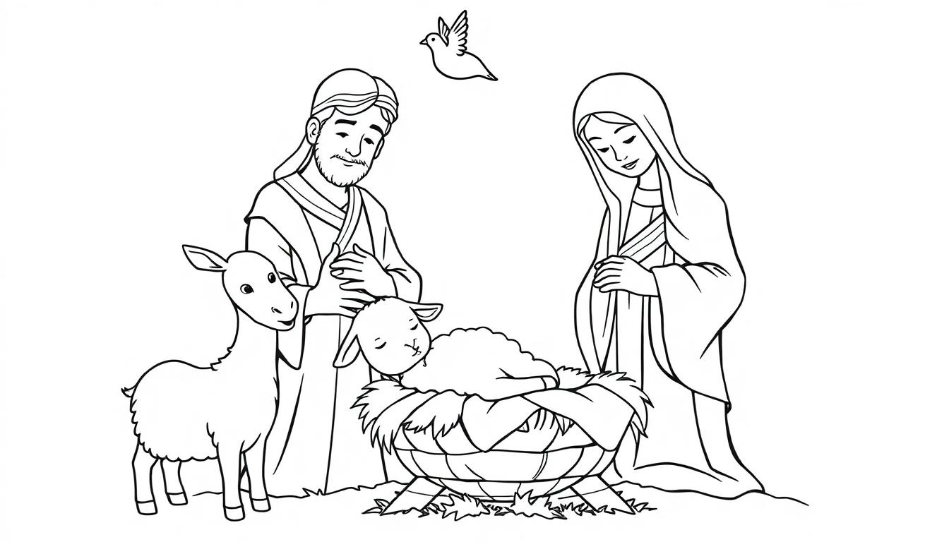 Schwarz-weiß Farbtafel-Ausmalbild der Geburt Jesu mit Maria, Josef, dem Jesuskind, einem Lamm und einer Taube, eine friedliche Szene.