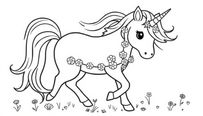 Einhorn-Farbtafel mit Blumen