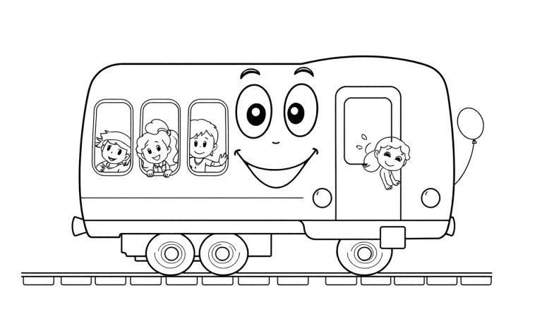 Schwarz-weiße Farbtafel eines Cartoon-U-Bahn-Zugwaggons mit einem lächelnden Gesicht und Kindern, die aus den Fenstern schauen.