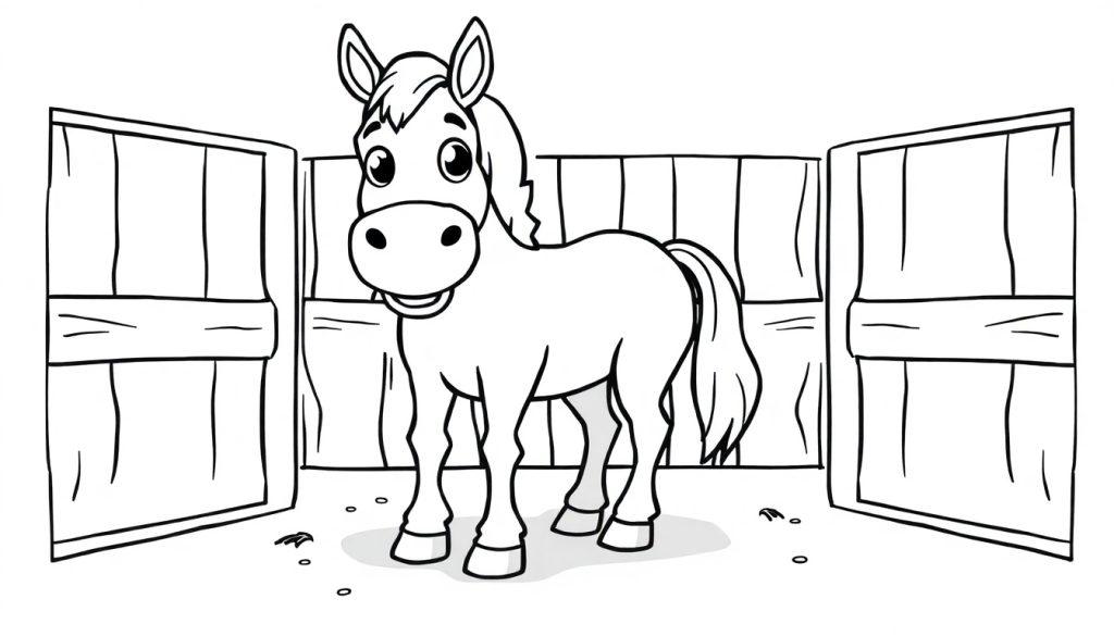 Eine schwarz-weiße Cartoon-Farbtafel eines freundlichen Pferdes in einem Holzstall.