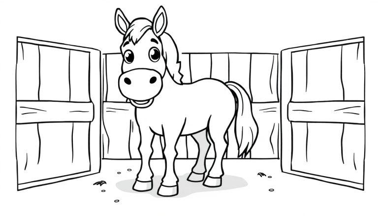 Eine schwarz-weiße Cartoon-Farbtafel eines freundlichen Pferdes in einem Holzstall.