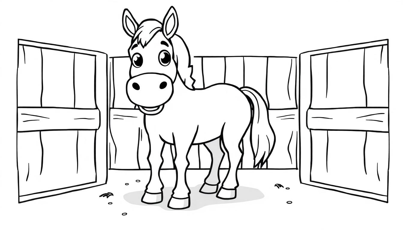 Eine schwarz-weiße Cartoon-Farbtafel eines freundlichen Pferdes in einem Holzstall.