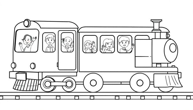 Eine schwarz-weiße Farbtafel eines Cartoon-Zuges, der auf Gleisen fährt, mit freundlichen Gesichtern in den Fenstern.