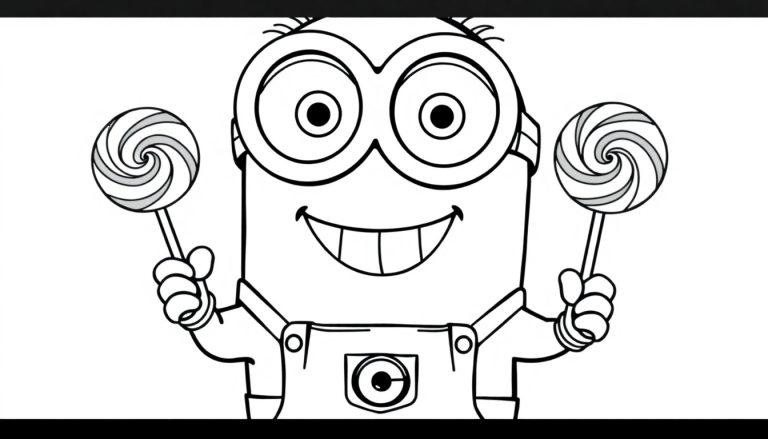 Schwarz-weiße Farbtafel-Zeichnung eines fröhlichen Minions mit zwei Lollis.