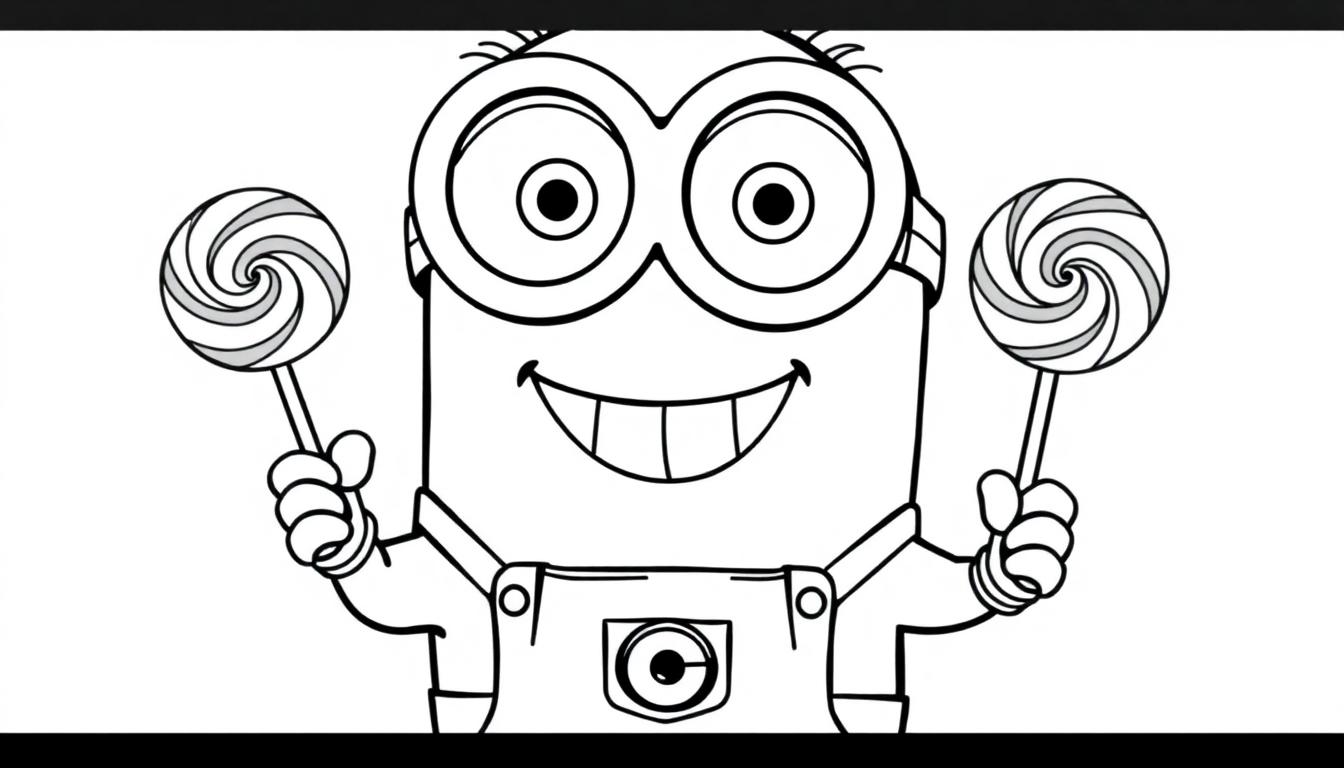 Schwarz-weiße Farbtafel-Zeichnung eines fröhlichen Minions mit zwei Lollis.