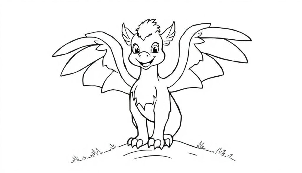 Eine Schwarz-Weiß-Farbtafel eines Cartoon-Drachen auf einem kleinen Hügel, der auf seinen Hinterbeinen steht und die Arme hebt.