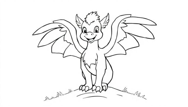 Eine Schwarz-Weiß-Farbtafel eines Cartoon-Drachen auf einem kleinen Hügel, der auf seinen Hinterbeinen steht und die Arme hebt.