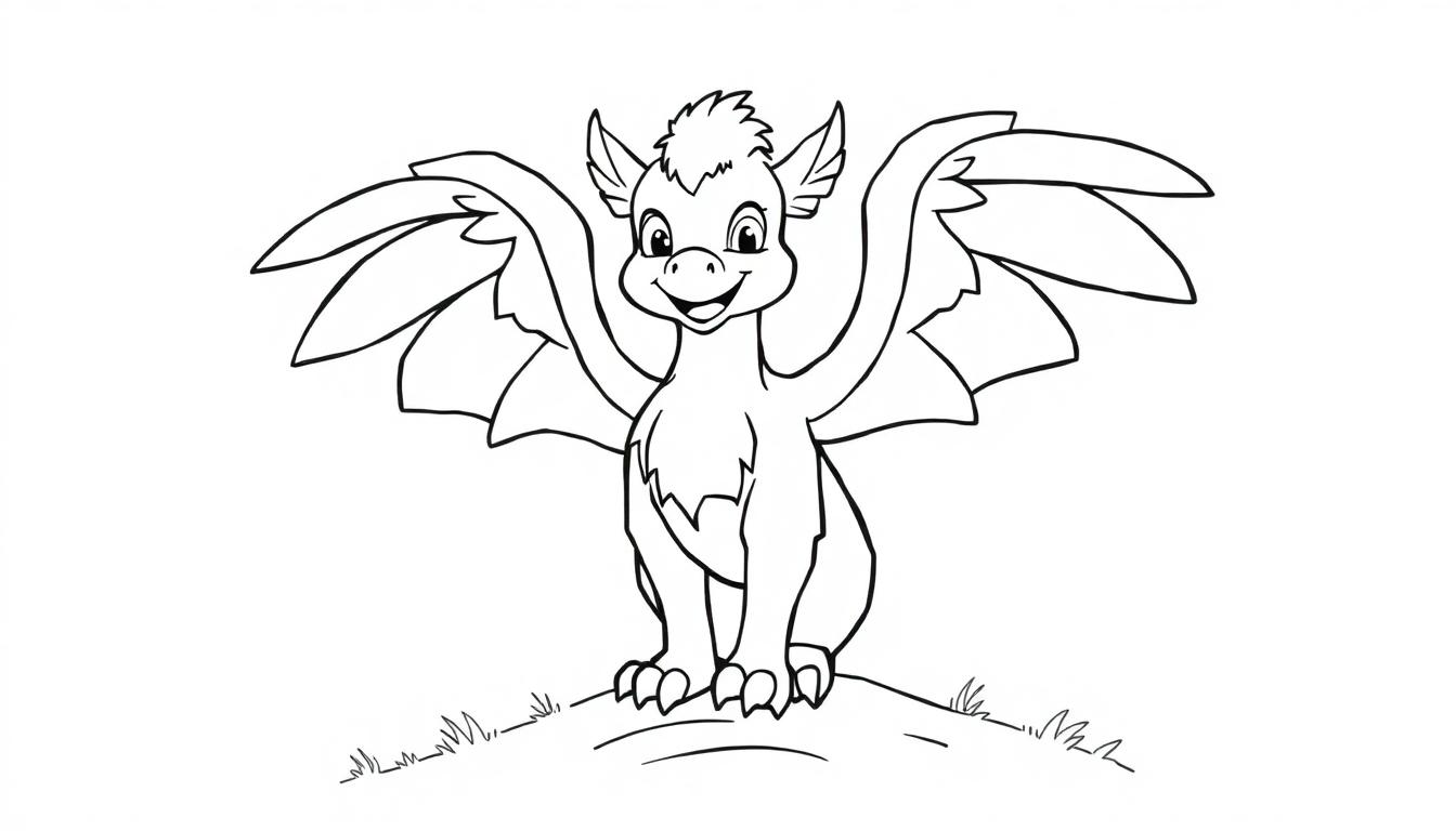 Eine Schwarz-Weiß-Farbtafel eines Cartoon-Drachen auf einem kleinen Hügel, der auf seinen Hinterbeinen steht und die Arme hebt.