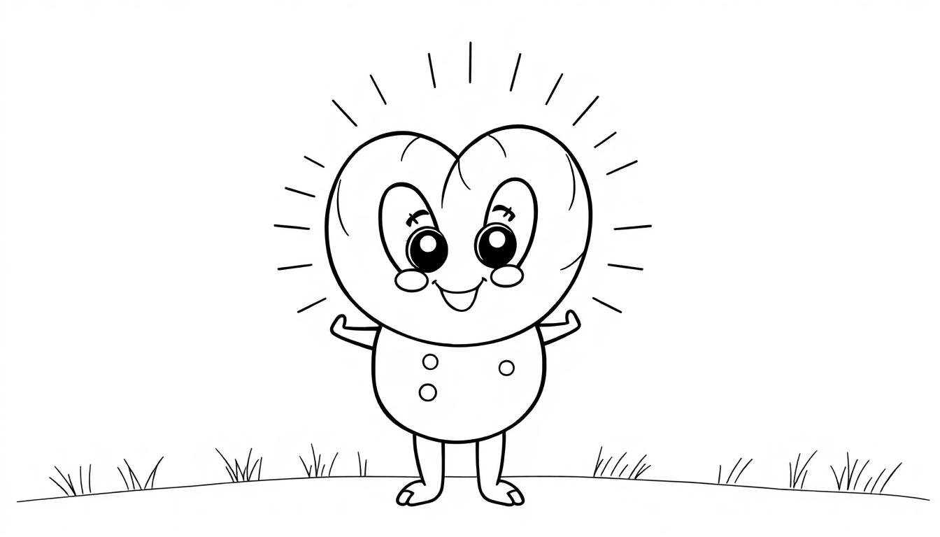 Ein Herz-förmiges Cartoon-Wesen mit großen Augen und drei Flecken auf dem Bauch.