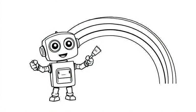 Schwarz-weiß Farbtafel: Ein freundlicher Roboter malt einen Regenbogen.