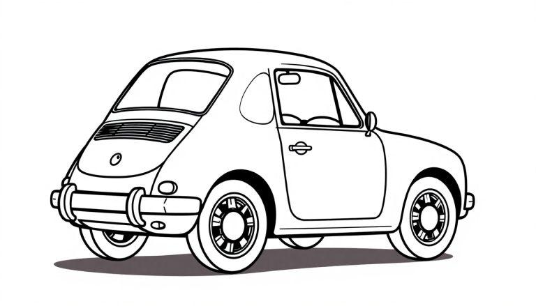 Schwarz-weiße Farbtafel eines niedlichen Retro-Autos, das zum Ausmalen bereit ist.