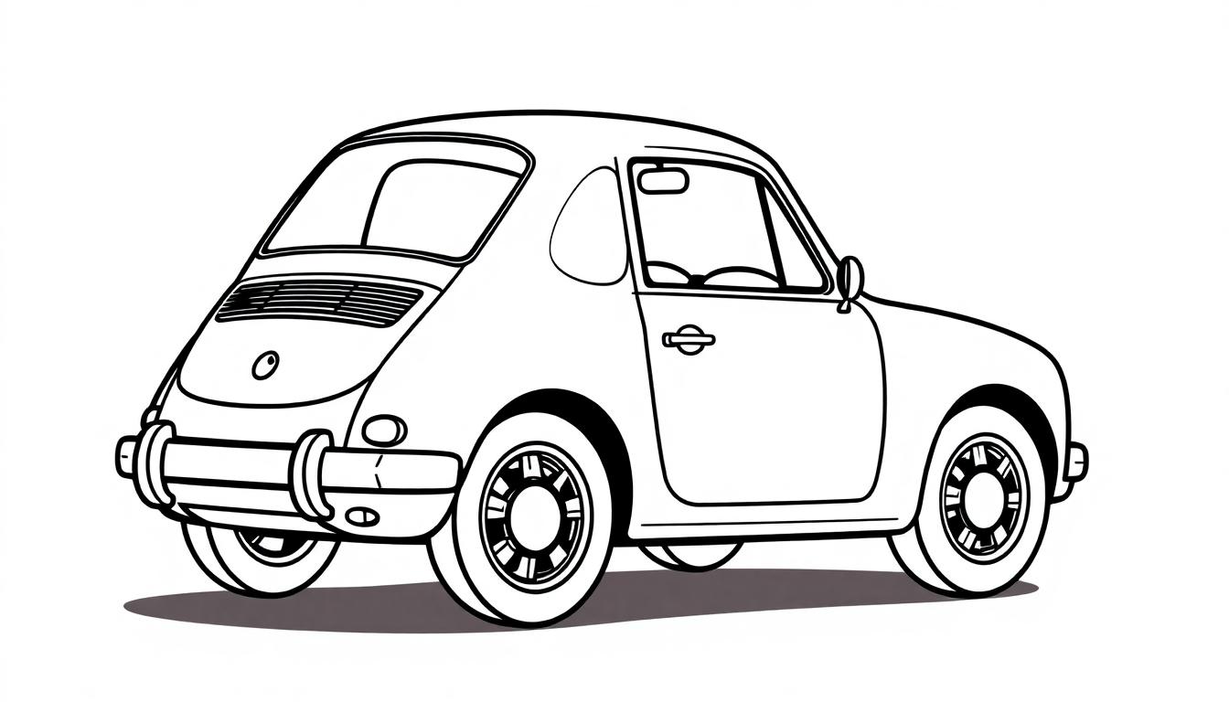 Schwarz-weiße Farbtafel eines niedlichen Retro-Autos, das zum Ausmalen bereit ist.