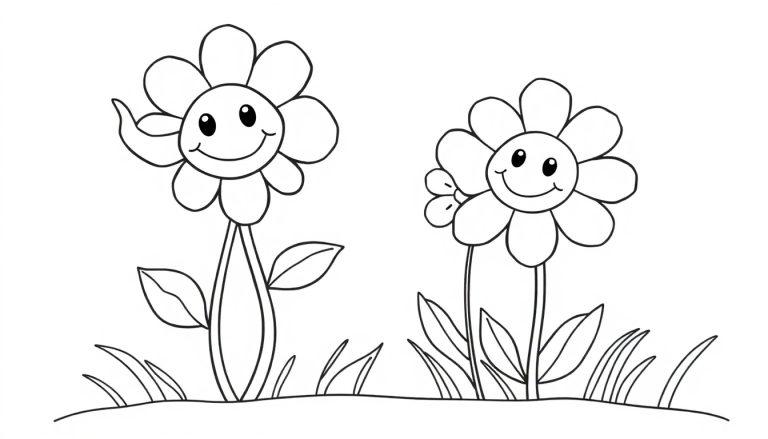 Zwei lachende Blumen mit sieben Blütenblättern und Smiley-Gesichtern als Farbtafel.