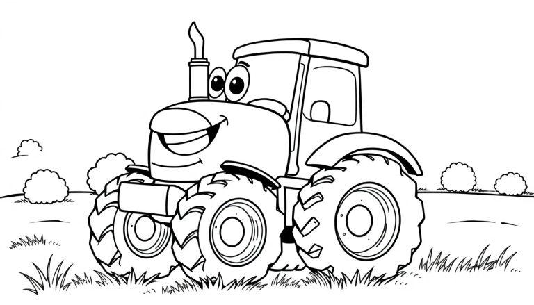 Schwarz-Weiß-Farbtafel eines freundlichen Cartoon-Traktors auf einem Feld.