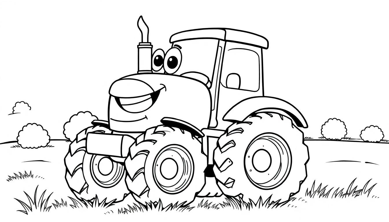 Schwarz-Weiß-Farbtafel eines freundlichen Cartoon-Traktors auf einem Feld.