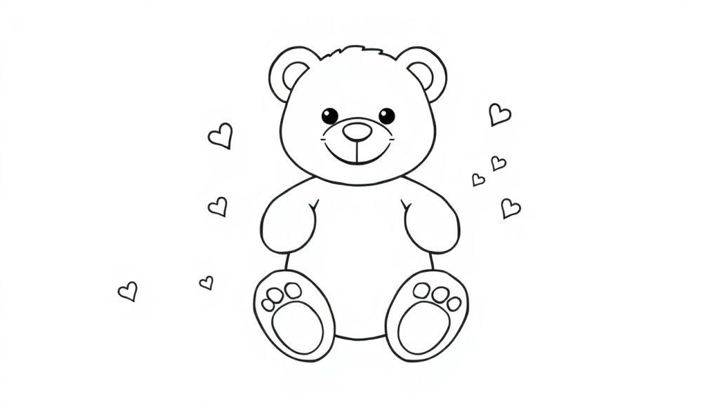 Schwarz-Weiß-Farbtafel eines niedlichen Teddybären mit Herzchen.